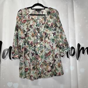 Apt 9 Sheer Button Front Relaxed Fit‎ Floral Blouse Plus Size 2X Work Business